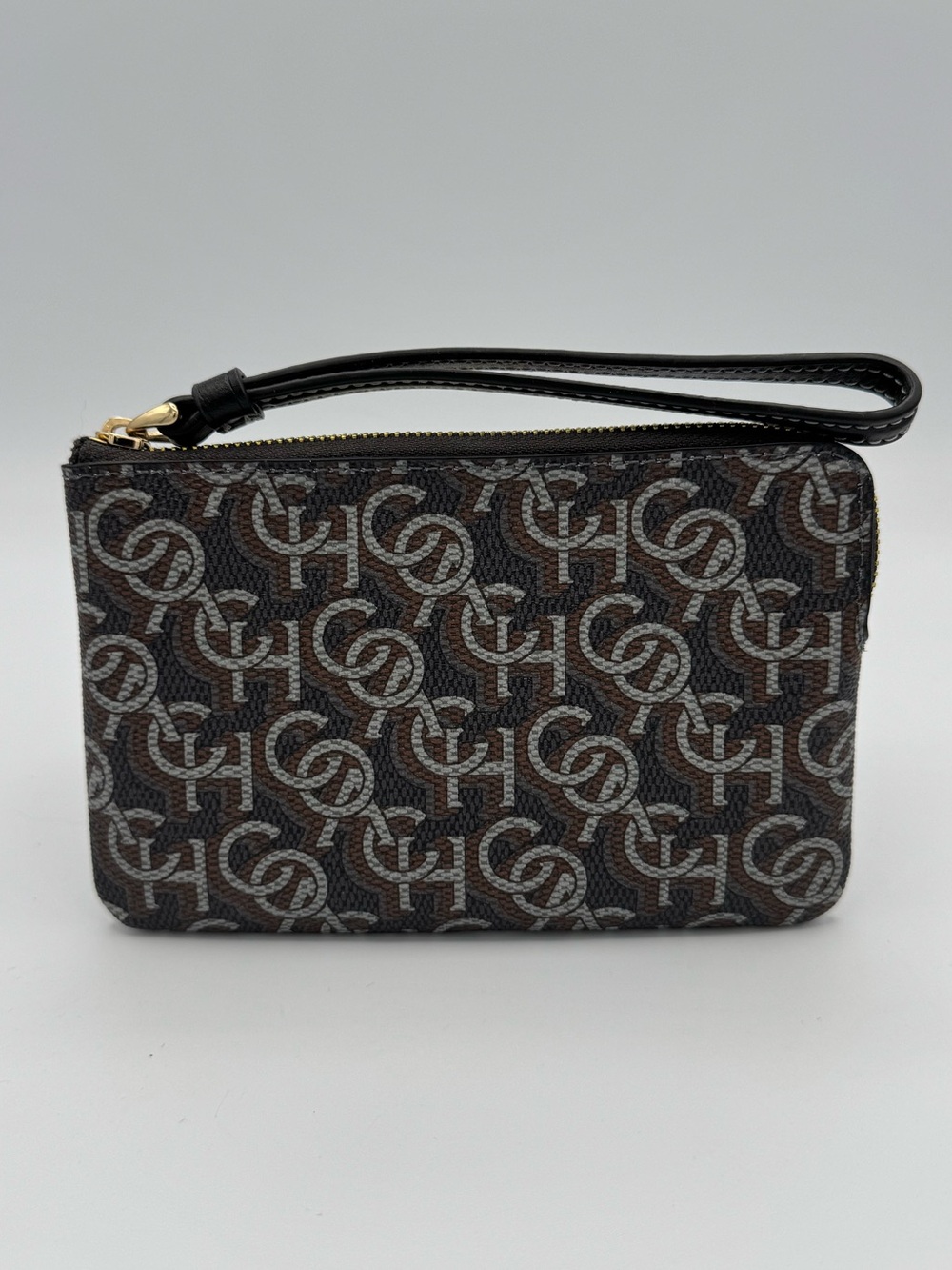 Coach Corner Zip Wristlet Black Monogram Print Coated Canvas Pouch Bag Classic